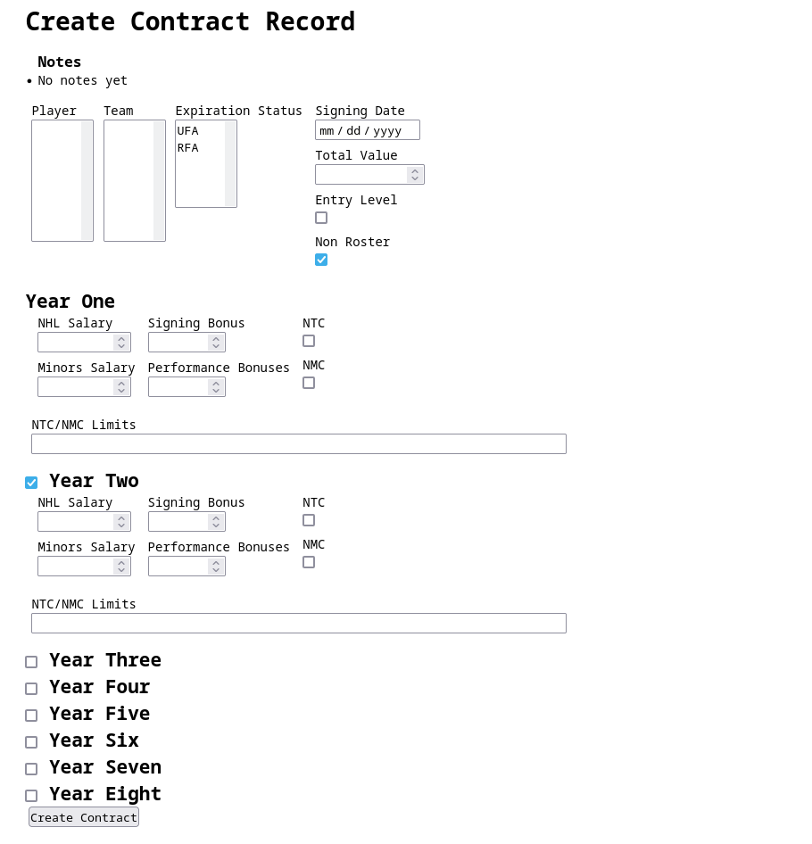 screenshot of the contract creation page