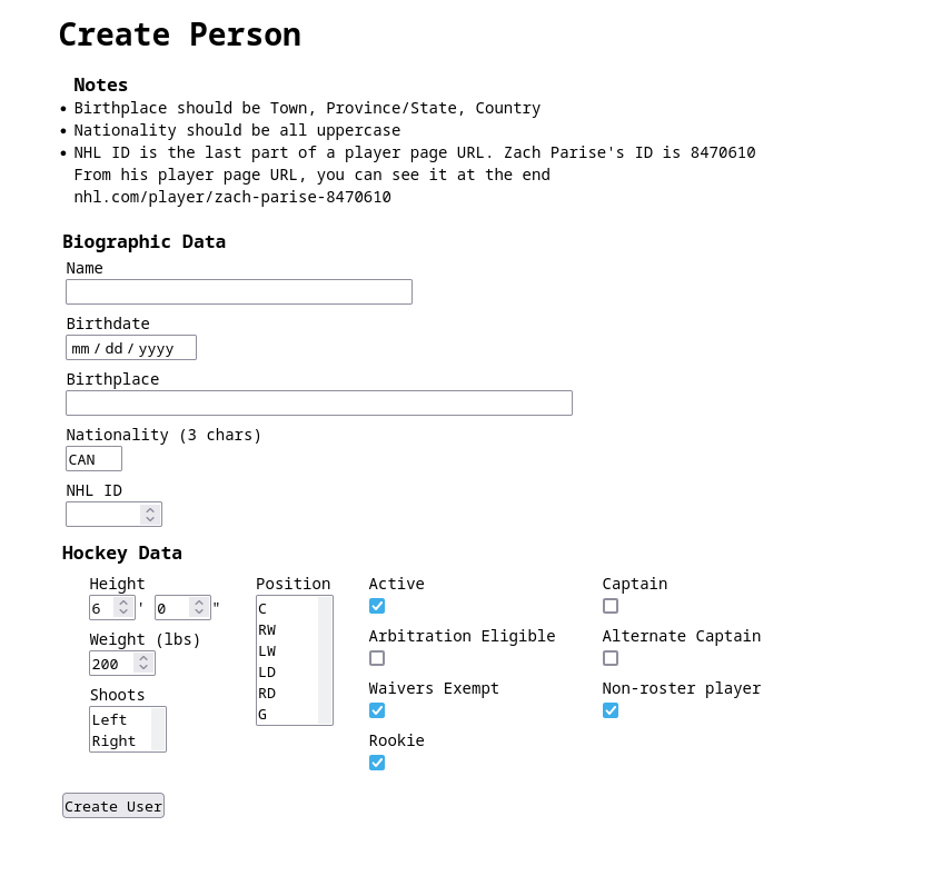 screenshot of the person creation page