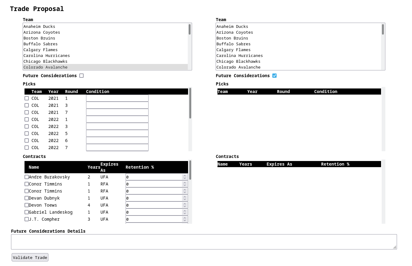 screenshot of the trade proposal input page