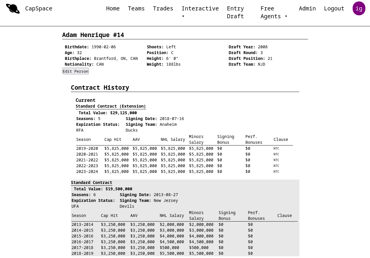 screenshot of adam henrique's player page with shaded contracts